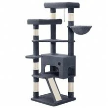 HaluPeit Cat Tree, 153 Cm, Spacious And Stable, With 6 Scratching Posts, 1 Comfortable Large Cat House, 3 Large Platforms, Cat Basket, Pom-Poms, Scratching Board, Dark Grey - Dark Grey - View 8