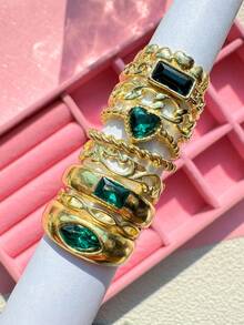 Juego de 9 piezas de anillos de lujo versátiles y elegantes con incrustaciones de diamantes y esmeraldas en color dorado, adecuado como regalo para la novia, boda o compromiso - Multicolor - Ver 10