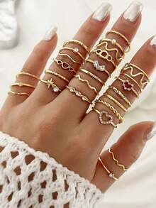 28pcs Heart Shaped Geometric Bohemian Style Rhinestone Accent Minimalist Wave Knuckle Rings, Suitable For Women's Daily Wear, Dates, Parties, Valentine's Day, Anniversary, Gifts For Girlfriends, Friends, Party, Street Style (Includes Size Chart, Do Not Shower Or Forcefully Bend, Please Purchase Carefully) - Gold - View 4