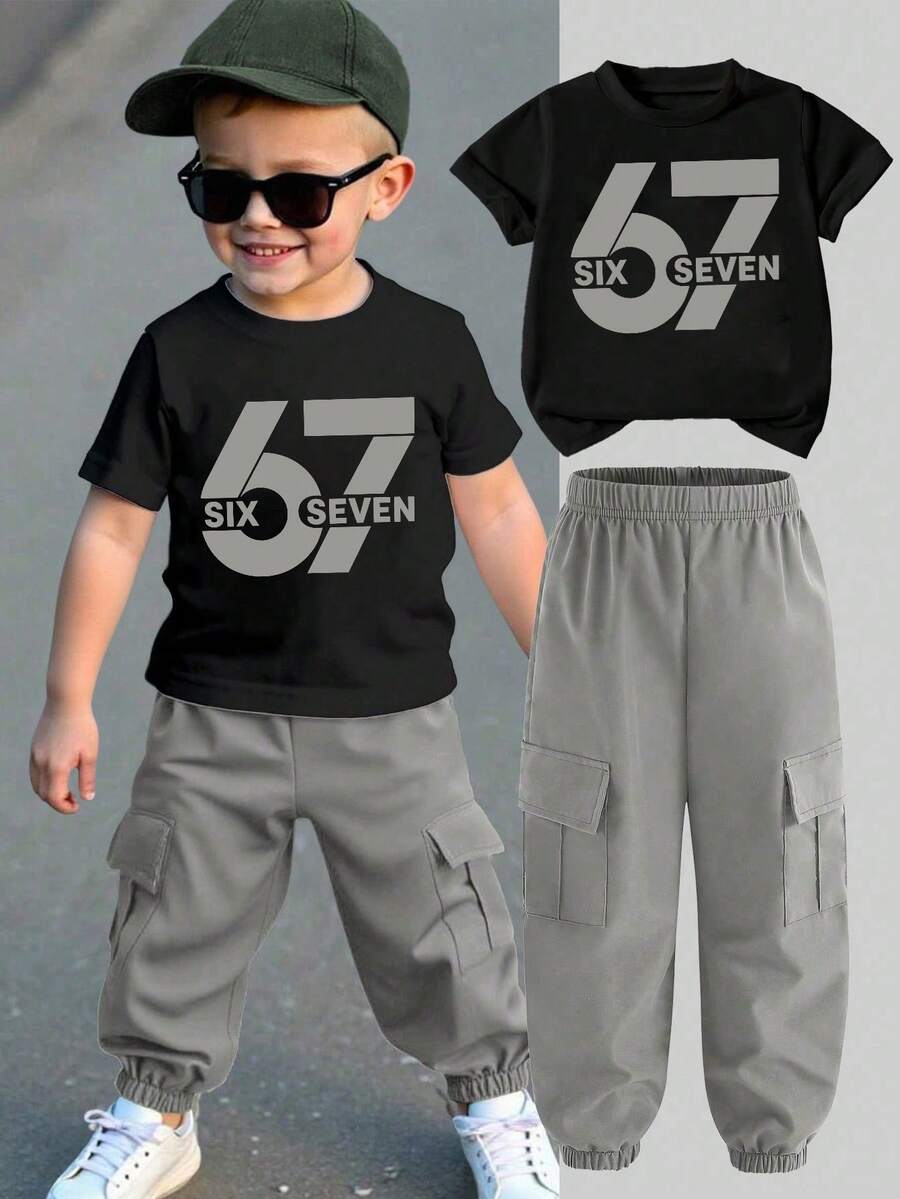 Young Boy Cartoon Print Round Neck Short Sleeve Top And Cargo Pants Set - Black - View 1