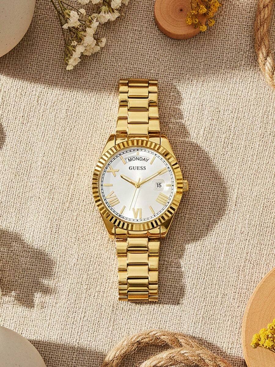 Guess Reloj de cuarzo para mujer, correa de acero inoxidable, caja de acero inoxidable, adecuado para uso diario y otros eventos GW0308L2 - Correa blanca y dorada - Ver 1