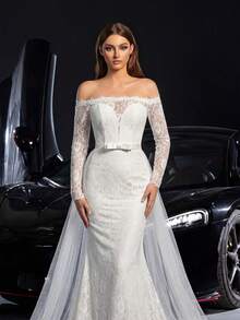 Elegant Off-Shoulder Lace Mermaid Wedding Dress With Delicate Long Sleeves, Waist Belt Details And Flowing Sheer Train - Romantic And Charming Design, Perfect For Church Ceremonies, Garden Weddings, Banquet Receptions And Bridal Photoshoots. - White - View 6