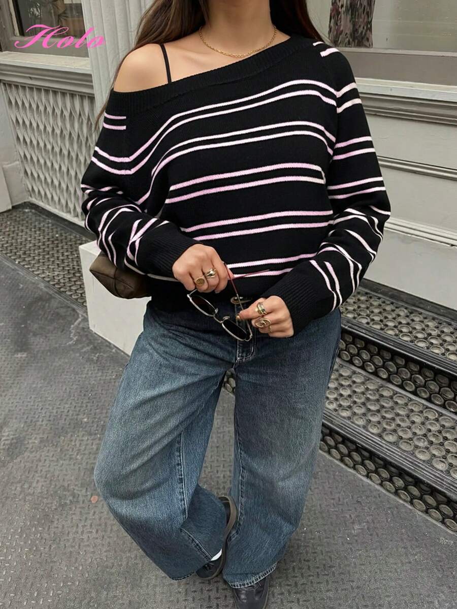HoloChill 女款年輕網紅休閒風圓領撞色條紋針織套頭毛衣,2026夏季休閒新款,女款羅紋針織條紋套頭毛衣,長袖標準版上衣,適合春秋穿著,高彈力面料,女款休閒穿搭,秋季毛衣,返校季,返校舞會,秋冬 - 黑色 - 查看 1