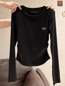 Girls' Yellow/Apricot Long Sleeve T-Shirt With Embroidered Bow Design, Versatile Casual Tee For Girls, Suitable For Spring, Summer, Autumn, Winter - Black - View 2