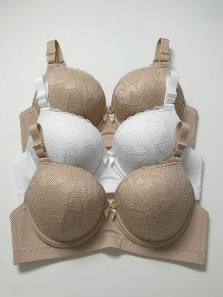 Set Of 3 Lace Bras With Adjustable Straps, Reinforced Cups, Comfortable, Premium Polyamide - 2 件米色和 1 件白色 - 查看 1
