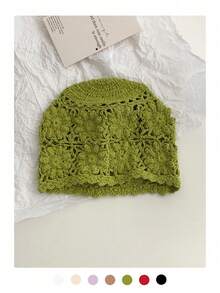 1pc Black Label With Sequin Lettering, Handmade Crochet Hollow-Out Sequin Beanie Hat, Fashionable Retro Versatile Lightweight Breathable Knit Cap For Women, Spring/Summer - Multicolor - View 8