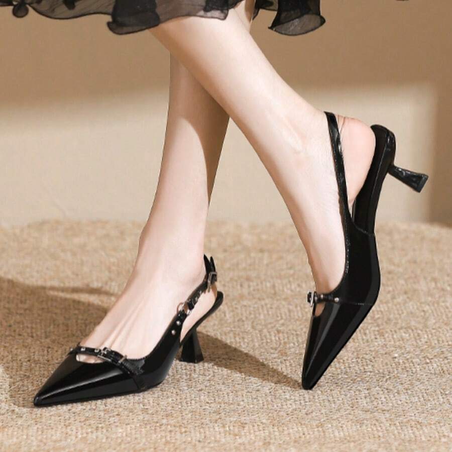 Sandalias de tacón alto con punta abierta y una sola hebilla para mujer, a la última moda, zapatos de tacón alto elegantes de inspiración francesa para mujer. - Negro - Ver 1