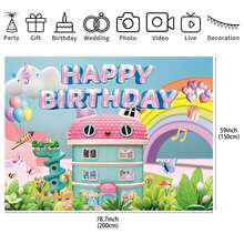 Ideal For Birthday Party Decorations And Suitable For Both Indoor A 2D Flat Backdrop Featuring A Cartoon Dollhouse Theme Made Of Polyester Fabric, Showcasing A Whimsical Tale Design With Pink And Blue Houses, Clouds, Butterflies, And Musical Notes - Multicolor - View 8