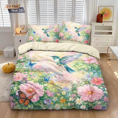 3pcs Floral & Bird Print Bedding Set, Polyester Fabric, 1 Duvet Cover + 2 Pillowcases, No Inner Filler, Soft, Warm & Skin-Friendly Duvet Cover, Multiple Sizes To Meet Different Needs, Suitable For Boys, Girls, Adults, Teenagers, Couples, Bedroom, Guest Room, King Size, Perfect Gift For Friends And Family