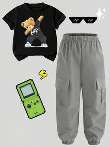 Young Boy Cartoon Print Round Neck Short Sleeve Top And Cargo Pants Set - Black - View 3