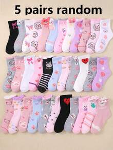 20 Pairs Girls' Cartoon Pattern Comfortable Mid-Calf Socks, Rabbit/Bear Designs, Lace Trim, Assorted Styles, Suitable For Daily Wear - Multicolor - View 16