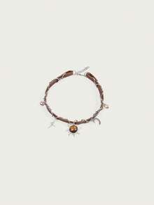 Kryxie Malachite Star, Moon & Sun Shape Leather Patchwork Clavicle Necklace For Women, Fashionable European Style Versatile Delicate Sweet Elegant, Random Cat's Eye Pattern Delivery - Brown - View 6