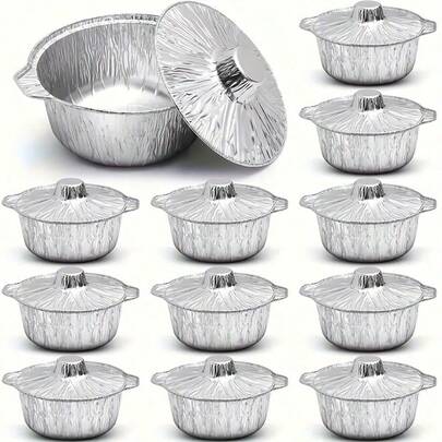 4pcs/Set Disposable Aluminum Foil Pots With Lids, Round Aluminum Foil Pots, Disposable Cooking Utensils, Food Containers, Suitable For Vacation, Travel, Camping, Baking, Heating, Cooking, Hiking, Home Kitchen, Restaurant Kitchen (33.8oz), Barbecue Accessories, Camping Accessories, Kitchen Accessories, Kitchen Tools, Slouchy Cooking Utensils, No Need To Wash