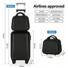 20-Inch Carry-On Suitcase Plus 14-Inch Cosmetic Bag, ABS Hard-Shell Carry-On Luggage, Silent Swivel Wheels With 360° Rotation, Patchwork Pattern, Wear-Resistant And Shock-Resistant, The Best Choice For Business Trips Or Travel. Black. - Black - View 3