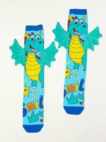 1 Pair Kids Over-The-Knee Socks, Featuring Cute Dinosaur Pattern Design With 3D Wing Decor. Children's Socks, Crazy Socks, Fun Socks, Suitable For All Seasons. They Make Perfect Gifts For Crazy Day, Kids Parties, Valentine's Day, Easter, Holidays, Outdoor Activities And Everyday Wear. - Baby Blue - View 8