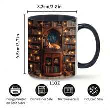 [Whimsical Library Mug] Library-Themed Porcelain Mug - 1 Cup Magic With Bookcase, Sleeping Cat & Lanterns  Elegant Coffee Tea Cup For Book Lovers, Birthday, Valentine's, Easter Gifts - Durable Porcelain Construction, Book Lover Gifts, Decorative Kitchenware, Sleek Handle Design, Home Decor, Whimsical Style, Handcrafted Look, Themed Drinkware, Gift Shoppers - 黑色 - 查看 3