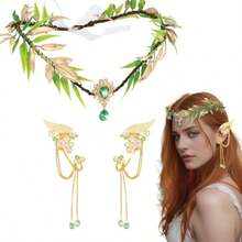 CAVETEE Fairy Accessories - Elf Headpiece Flower Crown Elf Ears Set For Adult Women Perfect For Fantasy Cosplay Halloween Parties Themed Events And Costume Ensembles With Delicate Floral Design And Adjustable Fit For Comfortable Wear - -綠金- - 查看 8