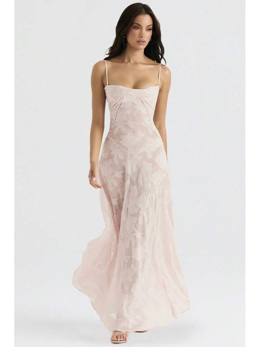 Sexy Sleeveless Strap Backless Dress Women's Chiffon Embroidered Square Neck Ball Gown Evening Dress - 粉紅色 - 查看 1