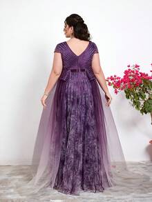 Mgiacy Purple Plus Size V-Neck Floral Mesh A-Line Dress With Sash Belt, Elegant Ladies Summer Ball, Wedding, Party, Holiday Dress - Purple - View 2