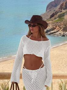 女士新款休闲沙滩镂空上衣和裙子套装 春季 - 杏色 - 查看 3