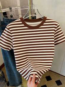 Classic Versatile Apricot & Brown Striped Elegant Summer Outfits For Women, Casual Women's Round Neck Short Sleeve T-Shirt - Light Apricot - View 3