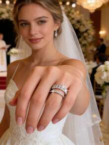 1枚精美不规则双层立方氧化锆结婚戒指，优雅可调节开口，适合日常佩戴、订婚、派对和送礼。 - 白色 - 查看 1