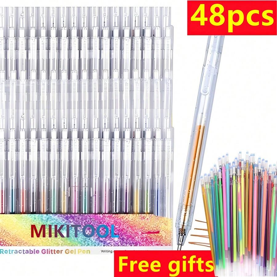 MIKITOOL 48pcs 24 Gel Pens + 24 Refill Pieces Gel Pens, Glitter Colors For Halloween And Christmas Crafts, School And Office Supplies, Back To School - 48 PCS 24-color Pens + 24 Refills - View 1