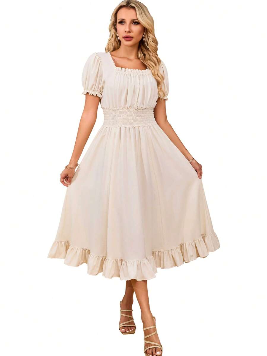 French Countryside Style Square Neck Puff Sleeve Women's Dress, Elastic Waist Ruffle Hem Mid-Length Dress, Cinched Waist Reversible Dress Suitable For Daily Wear/Party - Champagne - View 1