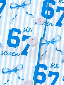 2pcs/Set Pink Striped Children's Pajamas, Featuring A Collared Shirt With Short Sleeves And Elastic Waist Shorts With Ruffle Hem Design, Adorned With Sweet Six Seven 67 Theme And Bow Print Pattern, Comfortable Loungewear/Sleepwear - Blue - View 7