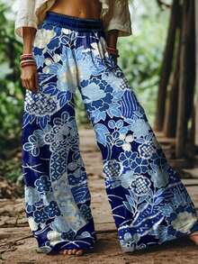 Floral Print Wide Leg Pants Women - Elastic Waist Boho Casual Summer Trousers - Blue - View 2