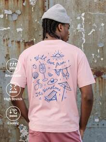 Camvyn WHITE SHARK Men's Casual Fashion Beach Vacation Loose Fit Printed Drop Shoulder Short Sleeve T-Shirt, Breathable Cotton-Feel, Summer - Pink - View 1