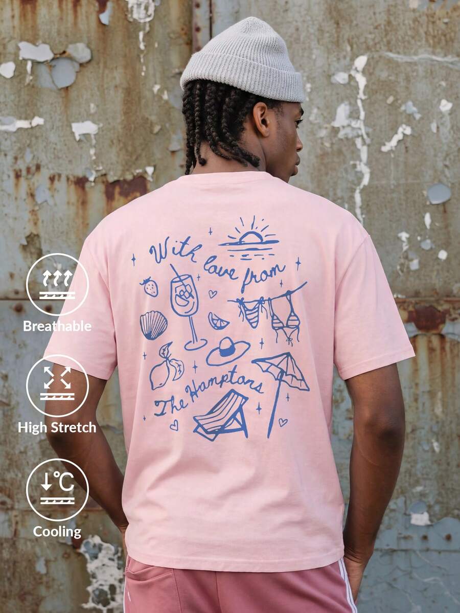 Camvyn WHITE SHARK Men's Casual Fashion Beach Vacation Loose Fit Printed Drop Shoulder Short Sleeve T-Shirt, Breathable Cotton-Feel, Summer - Pink - View 1