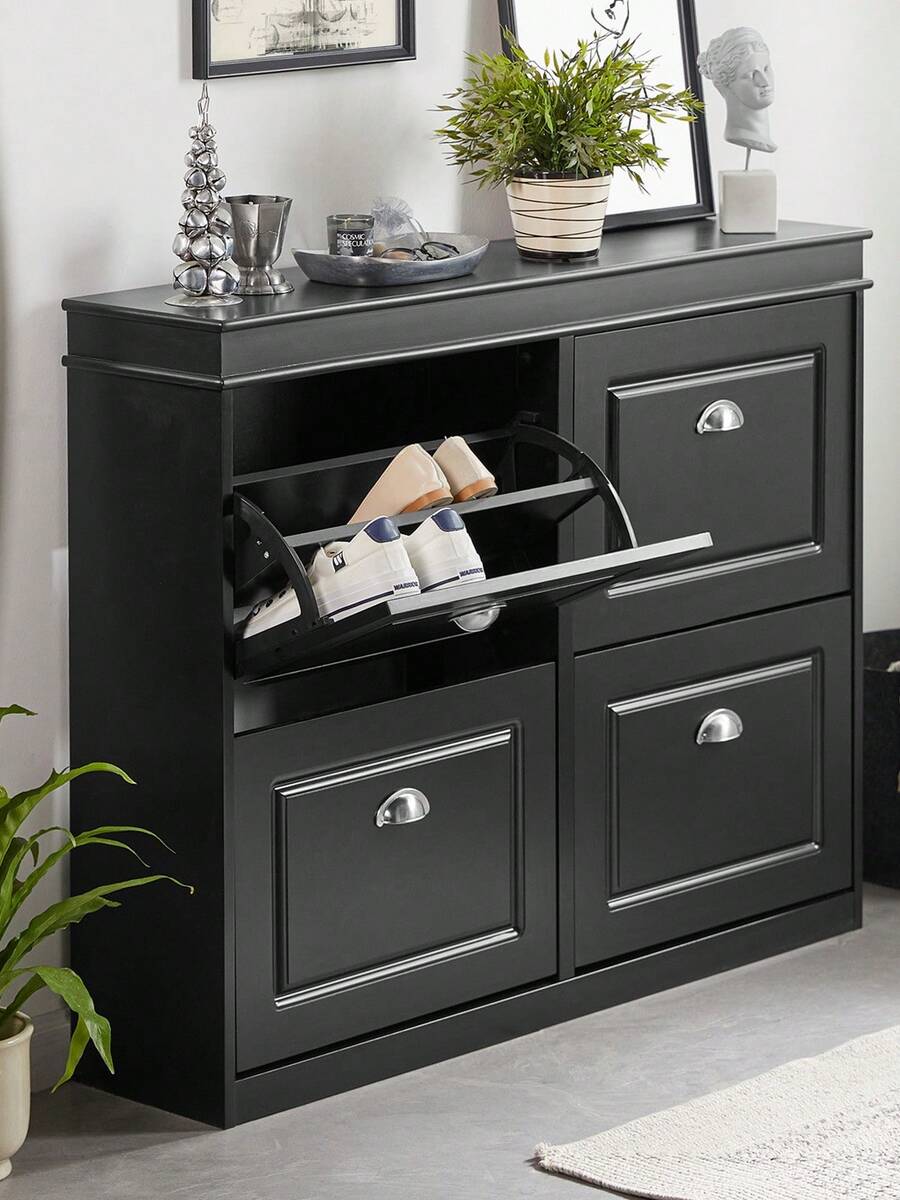 SoBuy 4 个翻盖抽屉鞋柜鞋架鞋子收纳柜收纳架黑色宽 105 x 深 24 x 高 82 厘米 FSR79-SCH - 黑色 - 查看 1