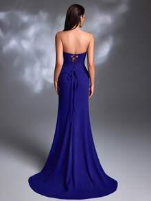 A Royal Blue Rhinestone-Embellished Strapless Peplum Waist Satin Lace-Up Mermaid Train Elegant Luxury Evening Gown - Blue - View 3