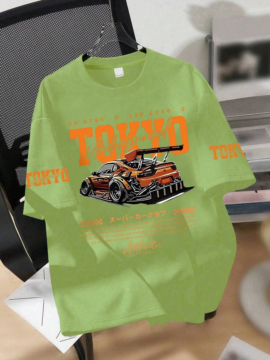 Teen Boys Tokyo Print Graphic Tee, Short Sleeve Car Print, Racing Vibe, Urban Style - Green - View 1