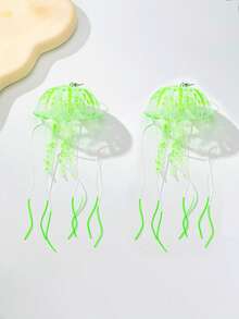 1 Pair Cute Jellyfish Design Dangle Earrings Suitable For Women, Vintage Long Tassel Earrings, Unique Ocean Style Jewelry Accessory, Perfect Gift For Women And Girls - Green - View 5