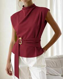 Women Blouses Spring Dressy Cap Sleeve Mock Neck Work Shirts Buckle Tunic Summer Business Casual Tops 2026 - Burgundy - View 7