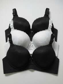 Set Of 3 Lace Bras With Adjustable Straps, Reinforced Cups, Comfortable, Premium Polyamide - 2 Black and 1 White - View 1