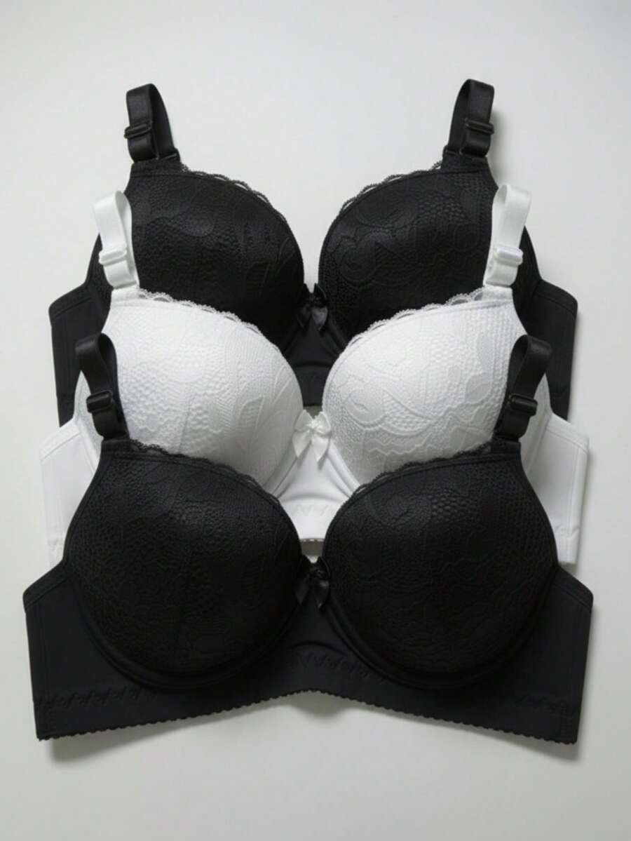 Set Of 3 Lace Bras With Adjustable Straps, Reinforced Cups, Comfortable, Premium Polyamide - 2 Black and 1 White - View 1