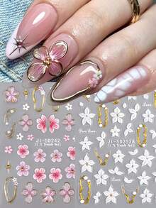 2片装5D法式百合花美甲贴纸 - 粉色和白色花卉几何星形图案，金色边框，樱花图案，自粘亚克力凸起滑块，美甲用品 | 优雅美甲装饰 | 精致美甲 - 彩色 - 查看 2