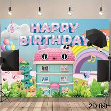 Ideal For Birthday Party Decorations And Suitable For Both Indoor A 2D Flat Backdrop Featuring A Cartoon Dollhouse Theme Made Of Polyester Fabric, Showcasing A Whimsical Tale Design With Pink And Blue Houses, Clouds, Butterflies, And Musical Notes - Multicolor - View 2