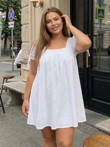 Womens Plus Size Square Neck Blouse Short Sleeve Babydoll Ruffle Tops Dress Oversized Casual Cute Peplum Top Y2K Ruffle Flowy Mini Dresses - White - View 3