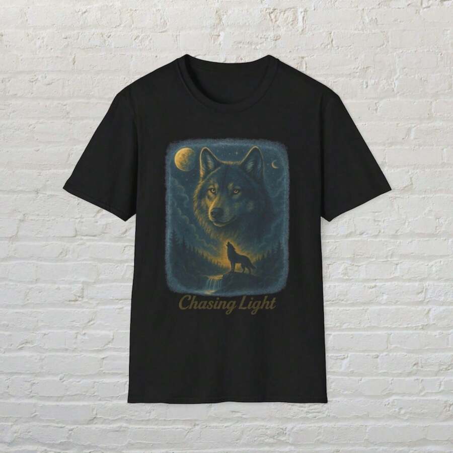 Vintage Wolf Airbrush T-Shirt, Mystical Forest Moonlight Tee, Fantasy - 黑色 - 查看 1