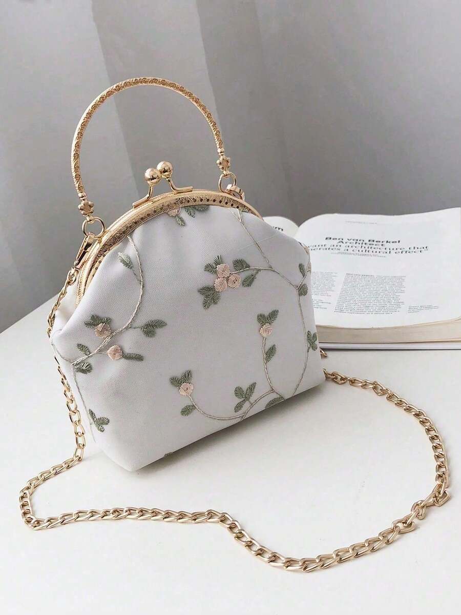 Tas Selempang Wanita dengan Tali Rantai dan Dekorasi Bunga Hijau & Kerang, Tas Selempang - Putih - View 1
