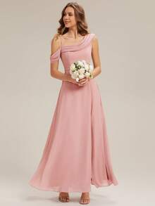 EVERPRETTY Elegant Chiffon Asymmetric Neckline Bridesmaid Dress, Suitable For Parties Wedding Pink Spring - Pink - View 6
