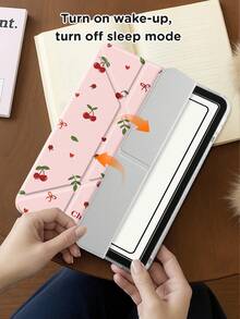 Kingsung 樱桃蝴蝶结图案 Y 型折叠双面喷砂亚克力透明水晶平板电脑保护套，兼容三星平板电脑/Mini6/7/9.7/10.2/10.5/10.9/12.9/Pro 11（第十代），保护套支持多角度调节，支架六种放置方式，内置笔槽，透明后盖，防摔保护，自动唤醒/睡眠 - 彩色 - 查看 7