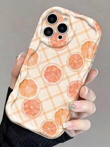 Asymmetrical Wavy Edge Soft Phone Case With Fresh Fruit & Plaid Pattern, Suitable For IPhone 11/12/13/14/15/16/17 Pro Max - Multicolor - View 2