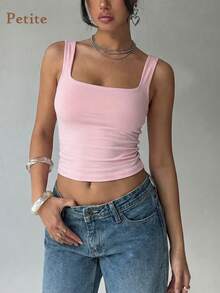 Petite Women's Elegant Square Neck Sleeveless Cami Top, Fitted Stretch Staple For Romantic Date Night Outfits, Casual Daily Wear, Vacation Getaways, Weekend Sightseeing, Plain Outfits, And Urban Outings - Pink - View 1