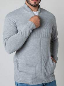 Men's Knitted Cardigan With Zipper And Pocket, Winter Sweater - 淺灰色 - 查看 1