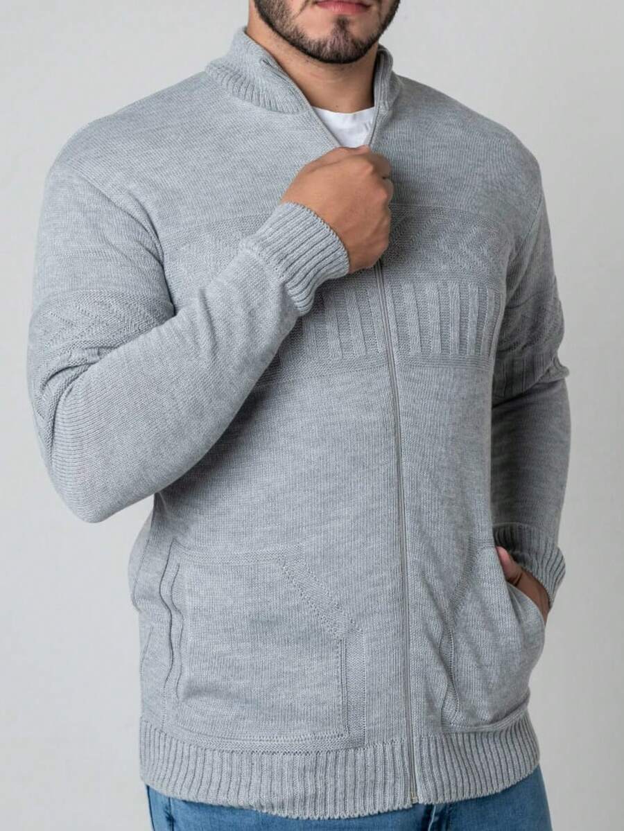 Men's Knitted Cardigan With Zipper And Pocket, Winter Sweater - 淺灰色 - 查看 1